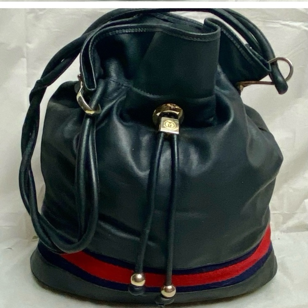 Vintage, Rare, Gucci, Sherry Line Blue-black Drawstring Leather Shoulder Bag